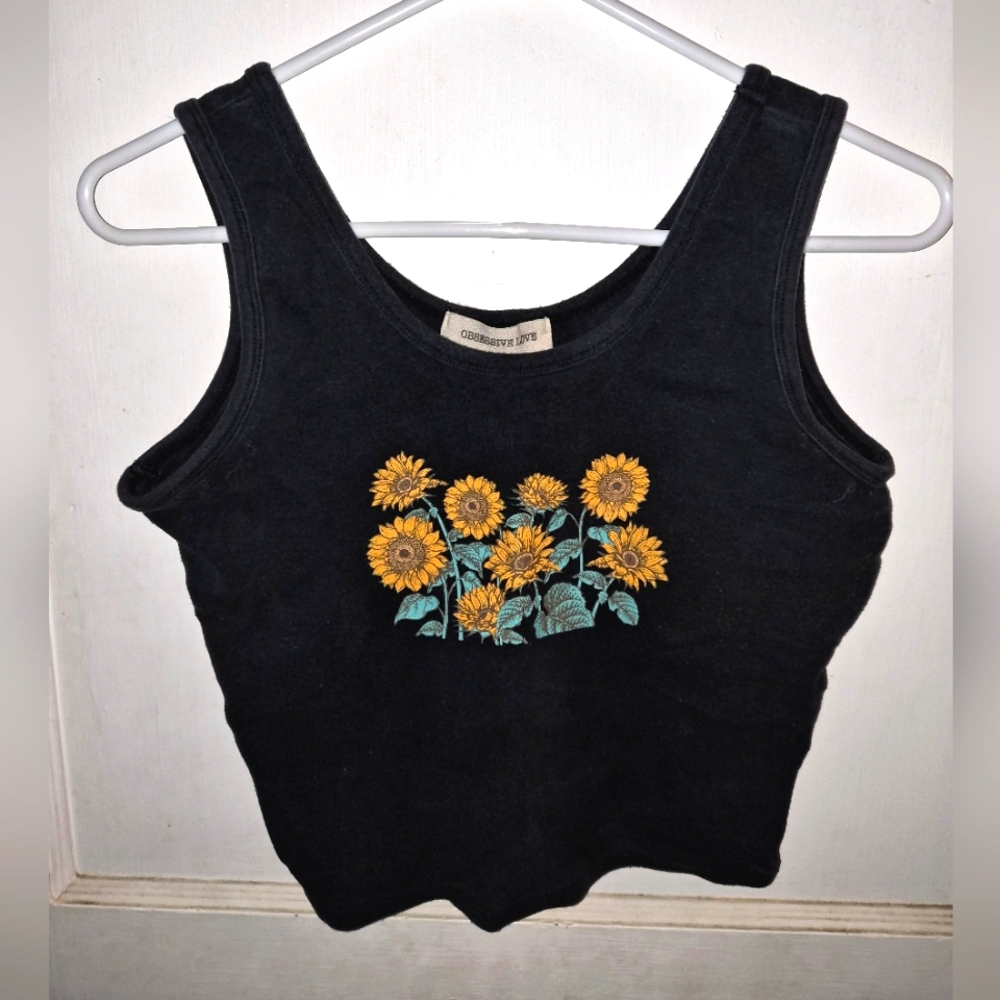 Black Tank Top with Sunflower Design